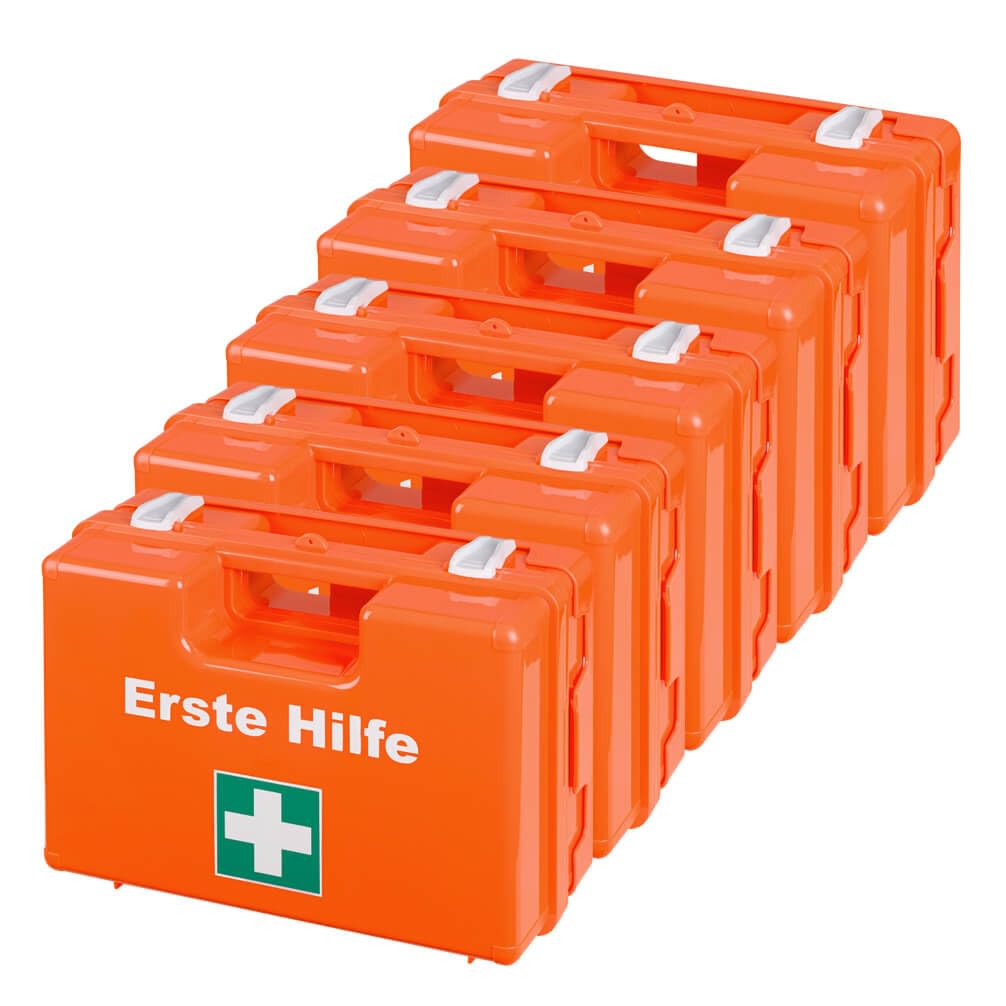 BIGPACK 5 x Erste-Hilfe-Koffer, mit Wandhalterung, Kunststoff, orange, DIN 13157 aus Kunststoff, Art.-Nr. 608823 | Verbandskasten | Notfallkoffer | Erste Hilfe Kasten