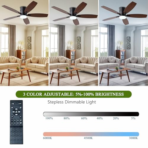 Image of Ayaoty Ceiling Fans with Lights, 52 inch Low Profile Indoor Ceiling Fan with Light and Remote Control, Dimmable, Noiseless, Reversible, Brown Ceiling Fan for Bedroom, Indoor /Outdoor Use