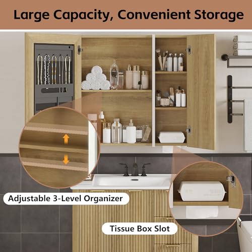 Armario de baño iluminado con espejo, 30 x 28 pulgadas, armario de pared para baño con almacenamiento, luces LED, estantes ajustables, color natural miniatura 7