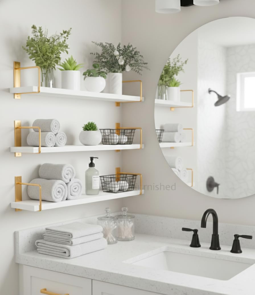 TrueFurnished Wall Mounted Bathroom Shelves Set of 3, White Rustic Wood Floating Shelves with Metal Brackets, Wall Storage Rack for Toiletries Organizer Washbasin Kitchen Living Room (Golden White)