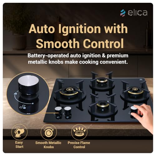 Image of Elica 60 cm 4 Burner Auto Ignition Hob | RG FLEXI DFS AB 4B 60 DX | 8 mm Toughened Glass, Direct Vertical Flame Brass Burners, Fully Sealed Burner Design, 2 Year Comprehensive Warranty