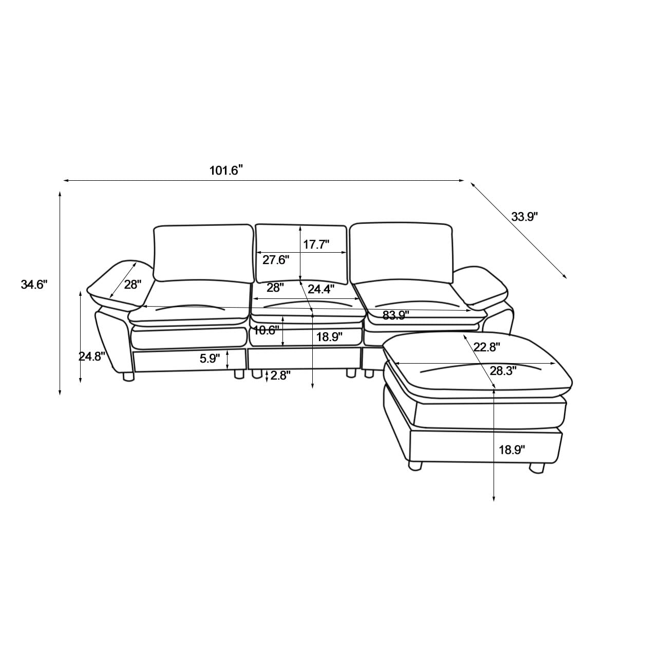Sofá modular moderno de 102.6 pulgadas para sala de estar, sofá en forma de L con otomana, sofá tapizado de 3 plazas, sofá de lujo de asiento profundo de tela para apartamento, oficina, color