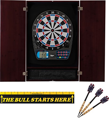 Viper Metropolitan Solid Wood Cabinet & Electronic Dartboard Play-Ready Bundle: 777 Dartboard, Darts and Throw Line, Mahogany Finish