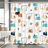 Package and size: Includes a W72"x L72" / 180cm x 180cm mid century shower curtain and twelve sturdy plastic hooks. The shower curtain is suitable for any standard bathtub or bathroom shower and does a great job of separating wet and dry Material: Th...