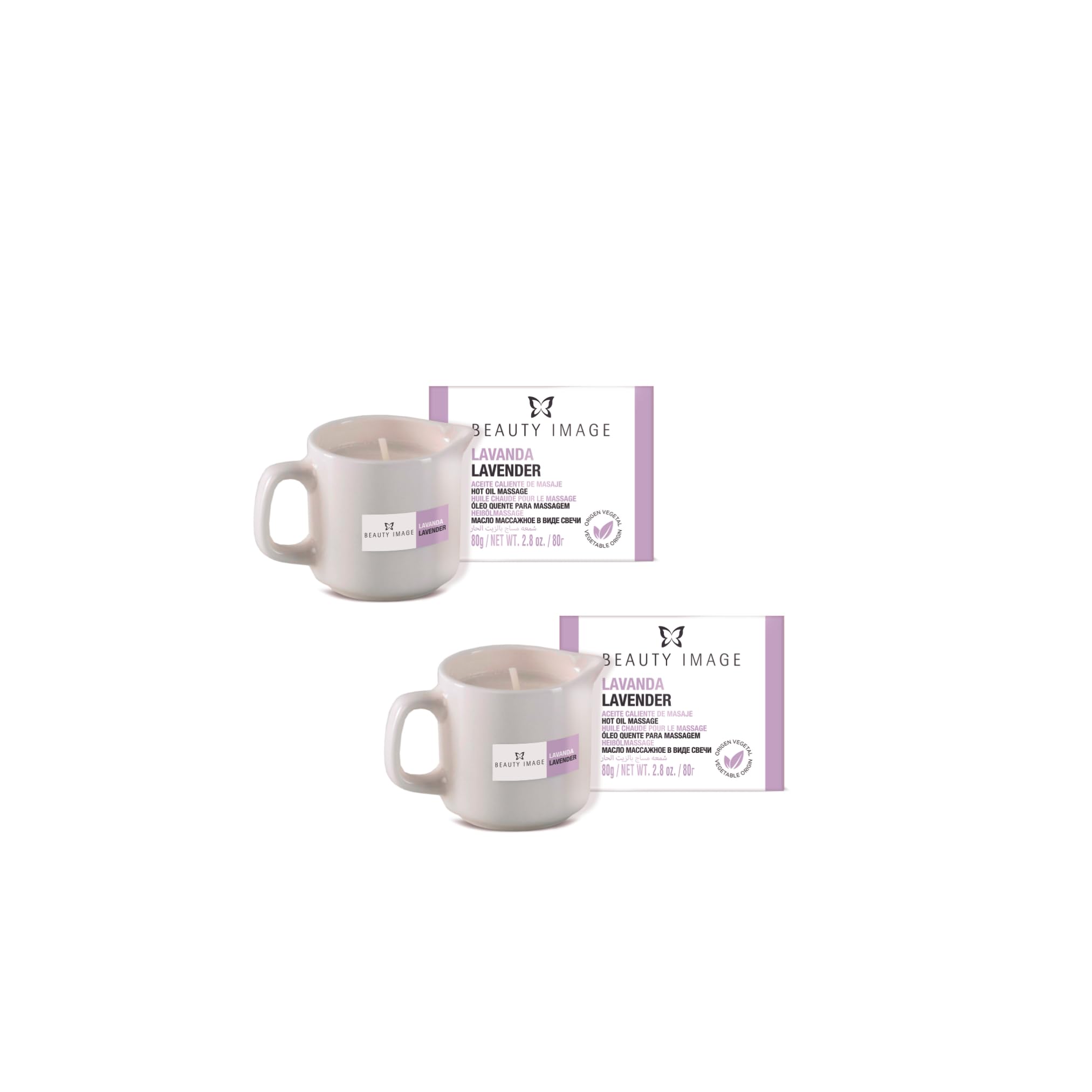 BEAUTY IMAGE Pack de 2 Velas de Masaje Grandes - Aroma Lavanda. [de 4 a 5 Masajes de Cuerpo Entero cada Vela]. Aceite Caliente para Masaje Profesional. Calidad Hecho en Europa. Masaje Sensual.