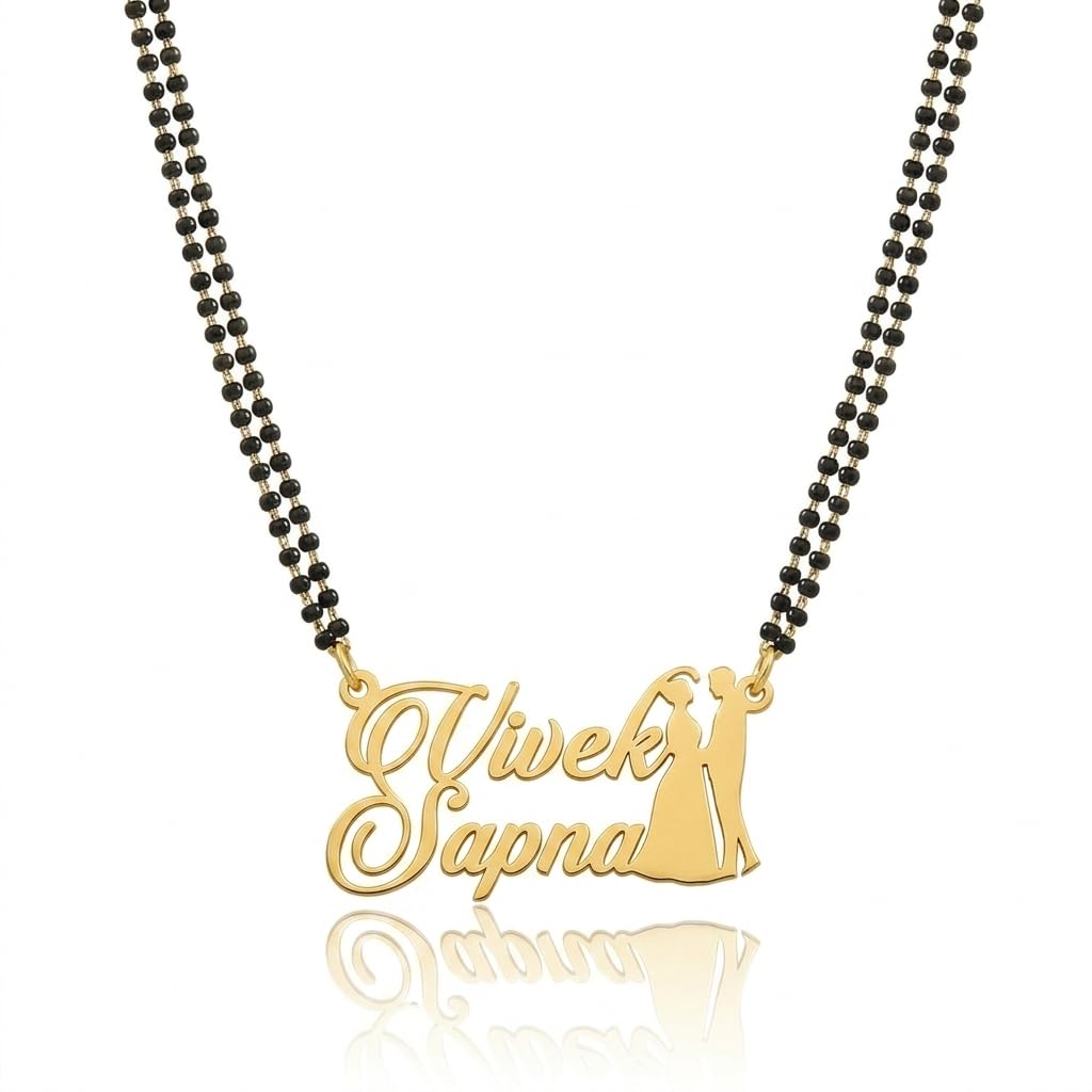 moskai Personalized Couple Name Mangalsutra for Women Custom Name Necklace with Elegant Couple Design Gold Plated Black Beads Chain Romantic Customized Jewelry Gift for Wife Girlfriend Anniversary Wedding Daily Wear-picture-10