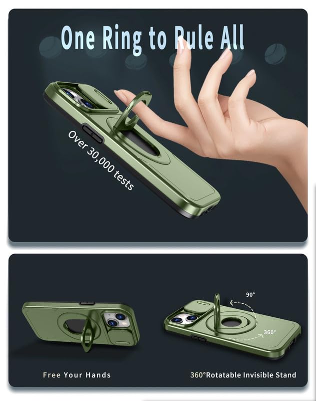 Image of LuxuryKase MagSafe Shockproof Rugged Back Case for iPhone 14 Plus | Finger Ring Kickstand & Sliding Camera Cover | Military Drop Protection | Wireless Charging Support - Green