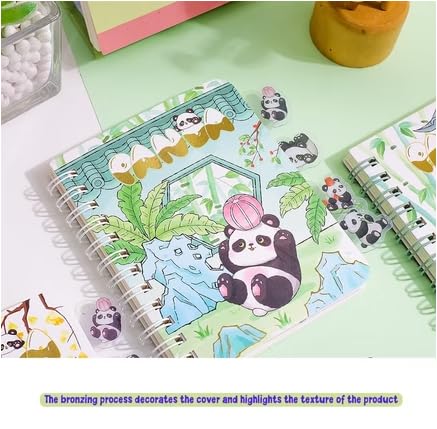 Image of Korean Stationery Mini Transparent 3-Hole Binder Spiral Diary Notebook - Cute Kawaii Portable Journal Notebook Agenda for Girls & Students (80+ Pages) (panda backyard c)