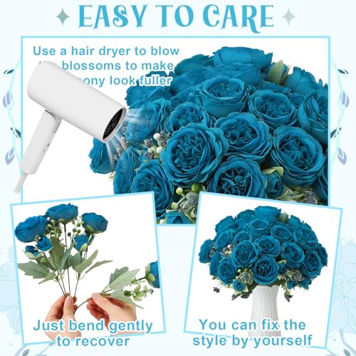 Image of 8 Pack Teal Peonies Artificial Flowers, Faux Floral Fake Silk Hydrangea Bouquet for Bridal Wedding Home Table Decor Reusable Dining Opening Ceremony Birthday Arrangement