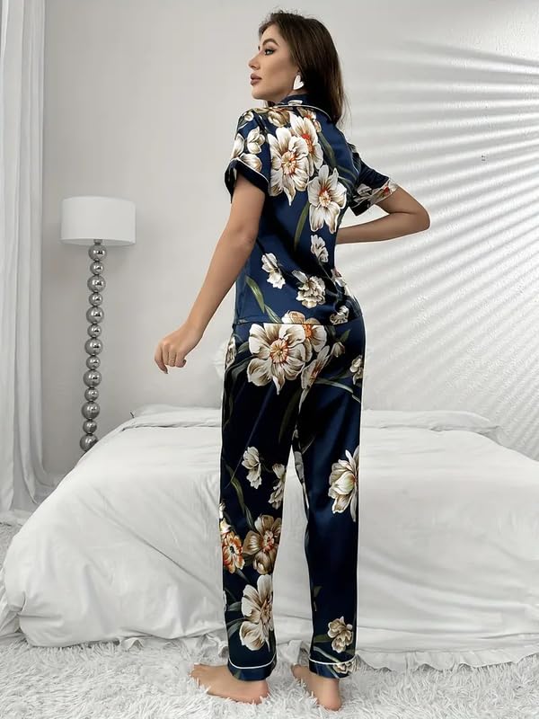 Image of Night Suit for Women with Full Sleeve Button-Down Top with Pant Dress for Woman, Cotton Night Dress for Woman, Two-Piece Loungewear Set