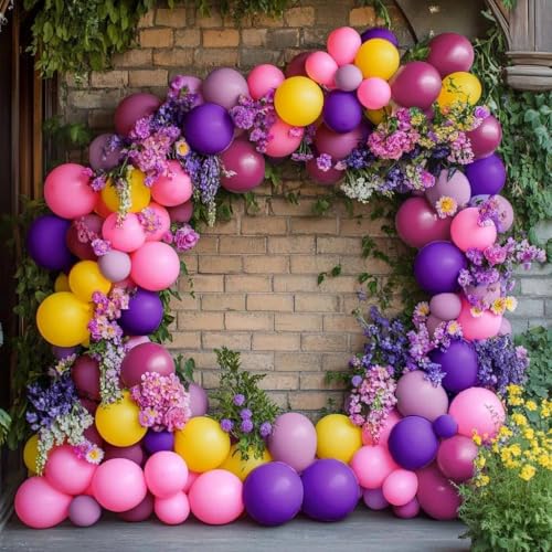 Image of Pink Purple Balloon Arch Double Stuffed Hot Pink Yellow Balloons Different Size Latex Magenta Balloon Garland for Happy Birthday Baby Shower Spring Wildflower Wedding Mexican Party Decorations