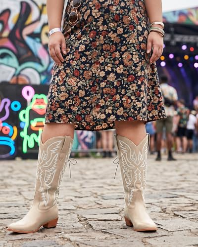 Image of Uillnoodu Wide Calf Cowboy Boots Women Adjustable Lace Up Knee High Tall Plus Size Cowgirl Boots Western Style Comfortable 2-Inch Heel