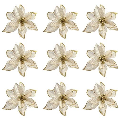 Flores de brillo navideño,9 piezas Chirstmas Poinsettia Flowers Flores artificiales Adornos para árboles de Navidad Decoraciones 5.1/4.3inch Guirnaldas de Navidad doradas para árboles de Navidad Cover