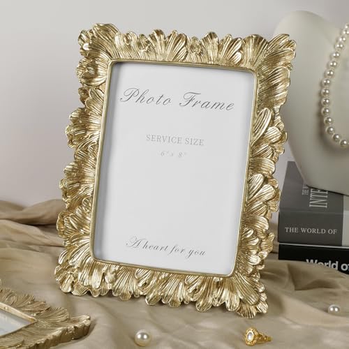 6x8 Picture Frame Vintage Gold Frames, Gold Palm Leaves Textured Hand-Crafted Resin Frames with Glass Front, Elegant Retro Decorative Photo Frame for Wall and Tabletop Display Home Decor