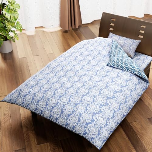 掛け布団カバー シングル 150×210cm 【2つのデザインが楽しめる/リバーシブル】【着せ替え簡単/両サイド全開ひも付きファスナー】 スナップボタン付き 速乾 しわになりにくい (オーナメント/ラチィス ネイビー)