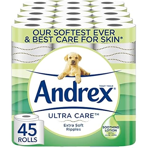 Andrex Ultra Care Toilet Paper - 45 Toilet Roll Pack - contains soothing lotion with Aloe Vera for our best care for skin - Dermatologically Tested (Packaging May Vary) Cover