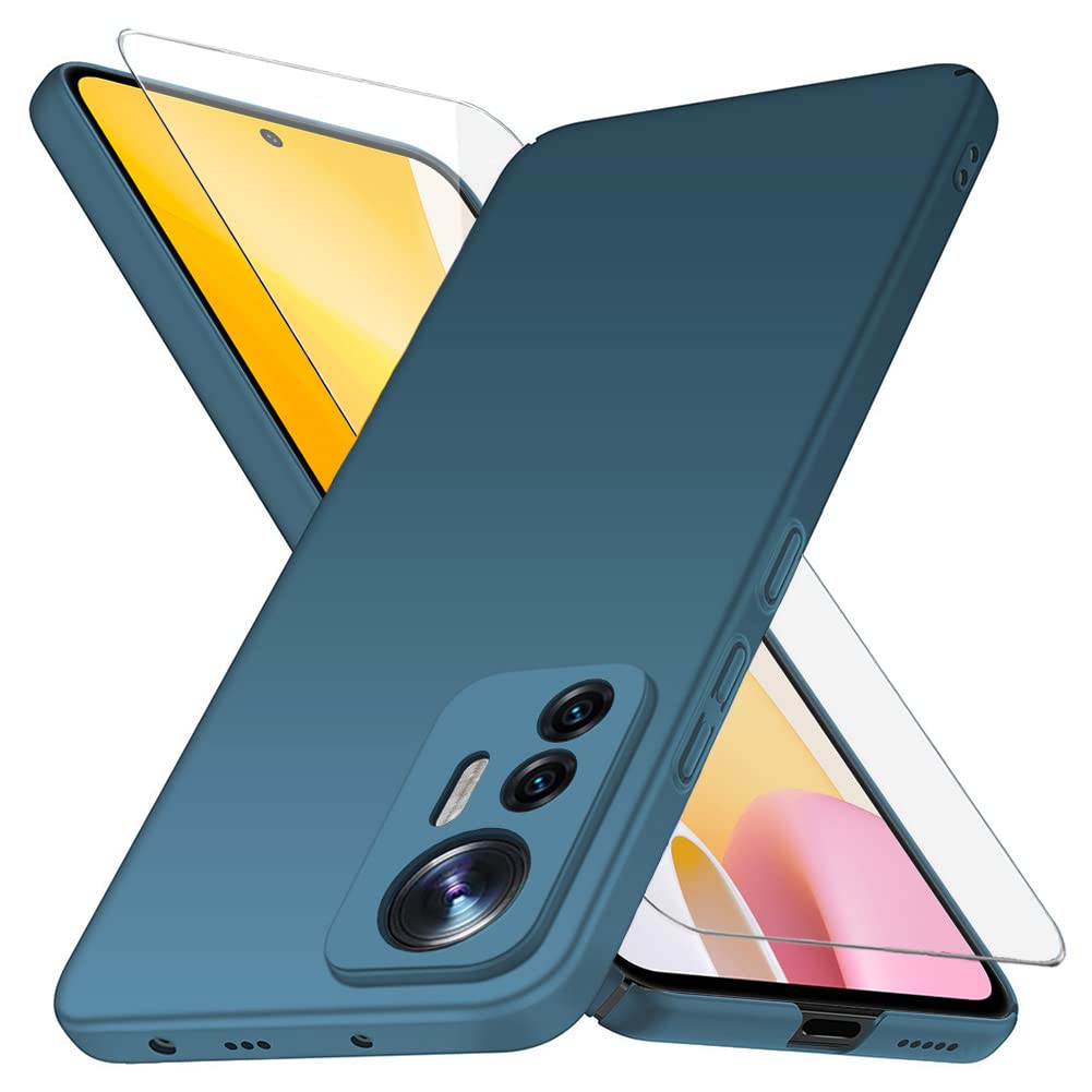 YIIWAY Compatible with Xiaomi 12 Lite 5G Case + Tempered Glass Screen Protector, Blue Ultra Slim Case Hard Cover Shell Compatible with Xiaomi 12 Lite 5G YW42695