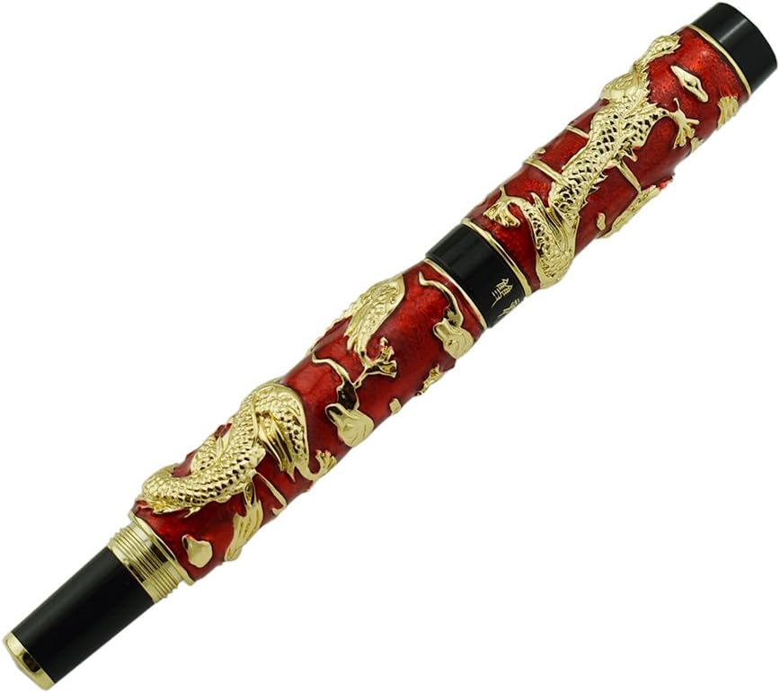 Jinhao Double Dragon Fountain Pen Medium Nib with Ink Refills Converter, Luxury Red Cloisonne Craft Gift Pen