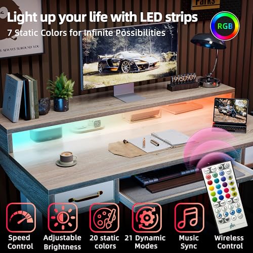 Image of TIQLAB Standing Desk with Two Drawers, Stand Up Standing Desk Adjustable Height, Electric Sit Stand Table with Storage Shelf and Splice Board, with LED Light, 47 * 28 inch, Maple