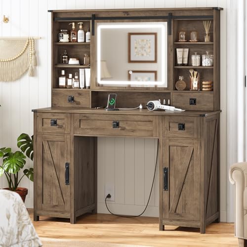 Image of AOGLLATI Farmhouse Makeup Vanity Desk with Lights & Charging Station,Vanity Desk with Mirror and Lights, 47.2 inch Large Brown Vanity Table with Ample Storage Space and Sliding Mirror (Oak Brown)