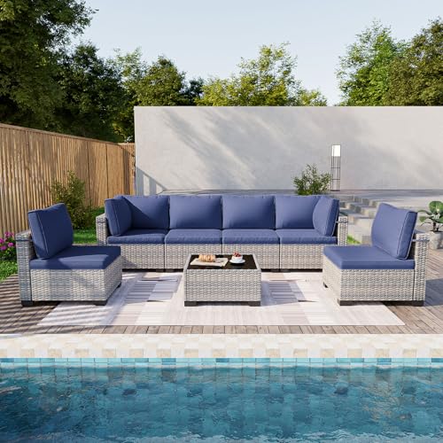 Image of 7-Piece Patio Furniture Set, Outdoor Sectional with Thick Cushions, Modular Patio Sofa, Dual-Strand Wicker Rattan, Rust-Resistant Frame, Backyard Furniture for Garden, Deck, Navy Blue