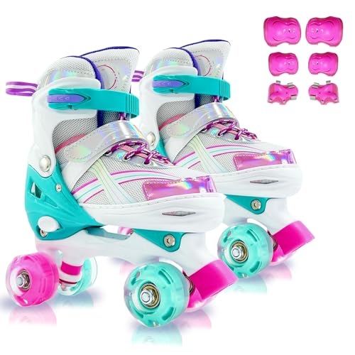 Roller Skates, Adjustable Light up Roller Skates Kids for Girls Boys Ages 3-5 5-8 8-12, Kids Skates with Protective Gear Set Gift for Indoor & Outdoor(Blue & Purple, Large -Youth (3.5-6))
