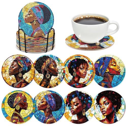 INCOK Black Woman Diamond Painting Coasters - 8 PCS DIY Colorful Glass Diamond Art Coasters Kits for Drinks Coffee Art Craft Supplies Birthday Holiday for African American Adult Beginners