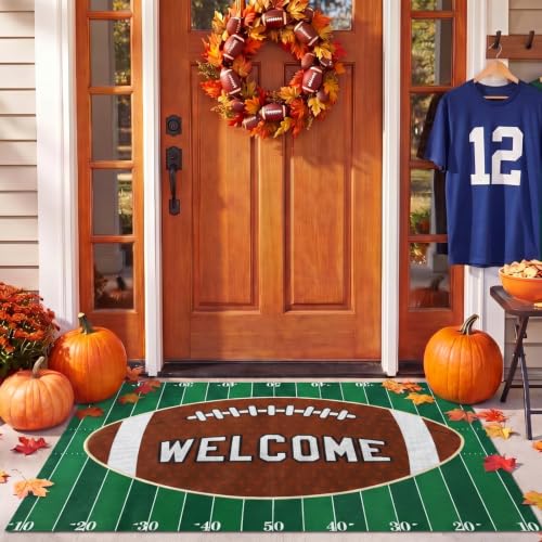 Tinideya 2 Pcs Football Door Mat Set Layered Welcome Mat with Field Rug Non Slip Front Porch Decor for Entryway Patio Outdoor Football Season Gift