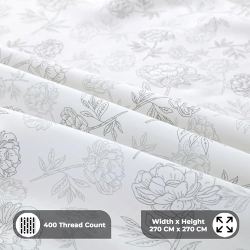 Image of Story@Home Luxe 400 TC Sateen Weave 100% Cotton Bedsheet King 108 x 108 Inches Floral Printed Soft Flat Sheet with 2 Pillow Covers 18 x 27 Inch -White & Grey-Gift Packaging