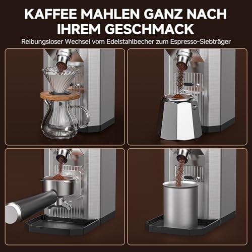 Bild 3 - AMZCHEF Elektrische Kaffeemühle mit 45 Mahlgraden, Espresso-Mühle mit höhenverstellbarem Siebträgerstand, LED-Touchpanel, Anti-Statik-Design und Speicherfunktion–Edelstahl-Kaffeemühle für Siebträger