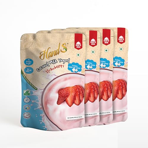 Image of HandS Dairy-Free Coconut Yogurt with Strawberry | Vegan & Plant-Based Yogurt Drink with Real Fruit Pulp & Palm Sugar | No Preservatives | 200g Each (Pack of 4)