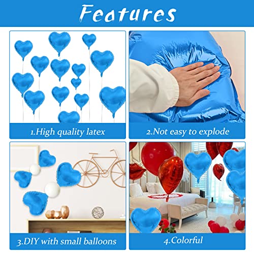 Image of Blue Foil Heart Balloons, 10PCS 18inch Love Shape for Helium Birthday Party Decorations, Boys Men, Baby Shower, Valentines, Wedding, Anniversary