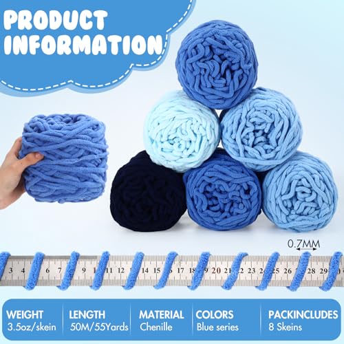 Image of Buryeah 8 Pack Chunky Chenille Yarn for Crocheting Soft Thick Fluffy Yarn for Hand Knitting Bulky Velvet Blanket Plush for Weaving DIY Crafts Each 3.5 oz 55 Yards(Blue Series)