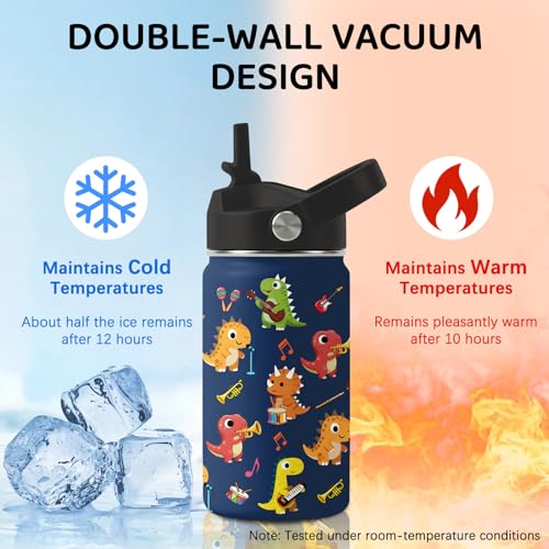 Image of Music Dinosaur Water Bottle for Son, Stainless Steel Insulated Tumbler with Straw Lid and Handle, 12oz Reusable Leak-Proof Bottle for Sports
