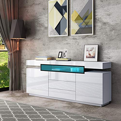 BESTWANTED Modernes Weiß Glanz Sideboard, LED Sideboard Aufbewahrungsschrank, 160 x 35 x 72 cm, Wohnzimmer, 2 Türen, 3 Schubladen, TV-Einheit