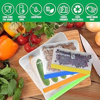 SERVEUP 20 Pack Reusable Food Storage Bags– Resealable Freezer Food Bags– Leak Proof Ziplock Airtight Container for Lunch, Snacks, Fruits and Vegetables– Thick BPA Free Eco Friendly Pouches