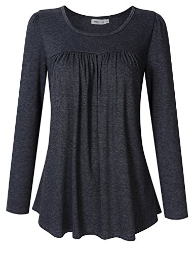 Clearlove Women's Tops and Blouses Long Sleeve Scoop Neck Plus Size Pleated Tunic T Shirt Long Sleve Dark grey XXX-Large