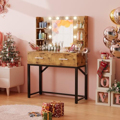 Image of Furmax Vanity Desk with Mirror and Light Bulb, Small Makeup Vanity Table with Drawers, Dressing Table with Power Outlet and Hair Dryer Holder for Bedroom (Rustic Brown & Black)