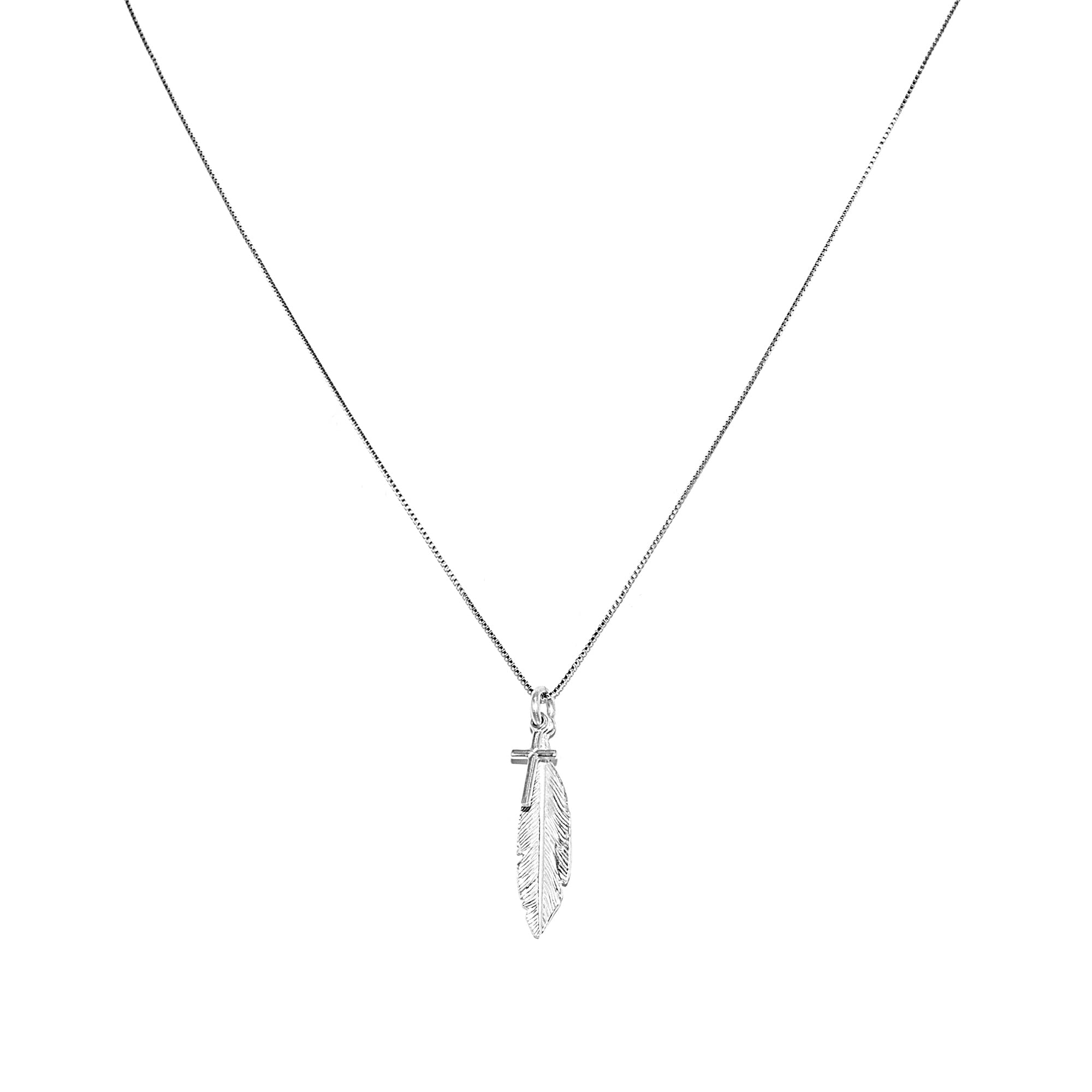 Venezianer Kette Halskette 0,6 mm dünn mit Kreuzanhänger und Feder 925 Sterling Silber Damen Halskette