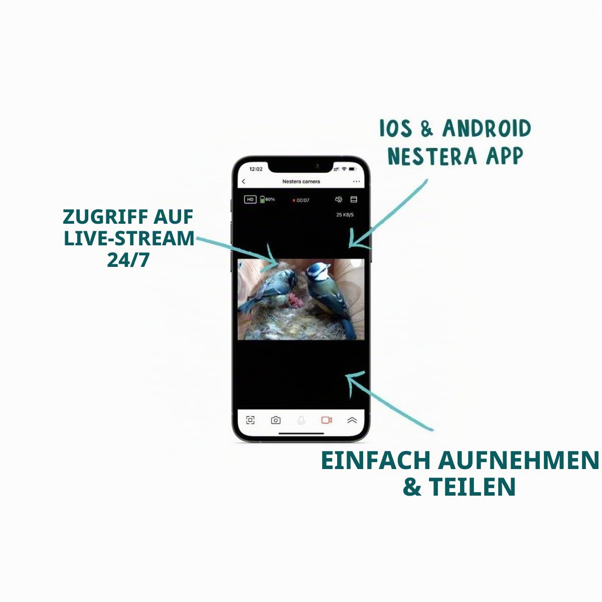 NESTERA Nistkasten mit Kamera - 1440p HD WiFi Outdoor | für Meisen, Rotkehlchen und Spatzen | Baum, Zaun oder Haus befestigt