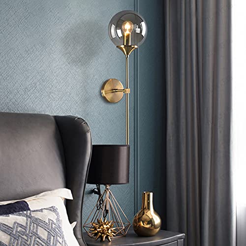 RENKTE Modern Minimalist Wall Sconce Light, 15cm Glass Ball Lamp Shade and Aluminium Support Lamp for Bedroom and Hallway (Grey) - Image 3