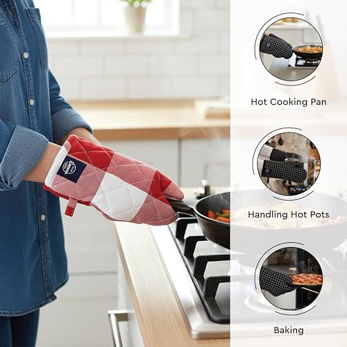 Image of Encasa XO 100% Cotton Apron Set for Women & Men with Adjustable Apron, Oven Gloves & Pot Holder (Pack of 3) Combo, Heat-Resistant, Soft & Durable for Cooking, Baking & Grilling (Buffalo Red Checks)