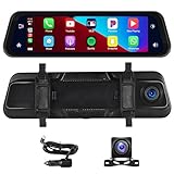 2.5K Rear View Mirror Dash Cam Backup Camera,in-Mirror Smart 9.66 Inch IPS Touch Screen Front&Rear Mirror Camera,Car Players Wireless CarPlay&Android Auto for Cars Trucks,Parking Monitoring,64GB Card