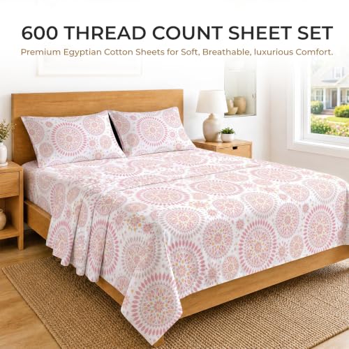 Image of SGI bedding 100% Egyptian Cotton Sheets Full XL Size - 600 Thread Count Sheets Set, Soft, Cooling, 15 inch Deep Pocket, Luxury Hotel Bedding, Breathable, Durable - Boho Mandala