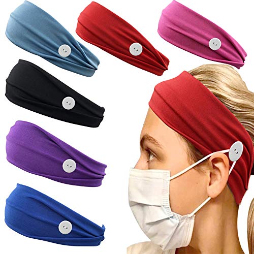 Women Headbands, Elastic Headbands with Buttons, Headbands with Buttons for Women Men , Non Slip Hair Bands for Yoga Sports Running (HHNK08-6pcs)