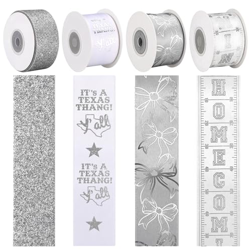 Suncalla 4 Rolls 40 Yards Homecoming Mum Ribbon 1.38 Wide Texas Themed Silver & White Satin Ribbon Roll for Gift Wrapping Homecoming Mum Supplies for DIY Party Favor Cheerleaders Decorations
