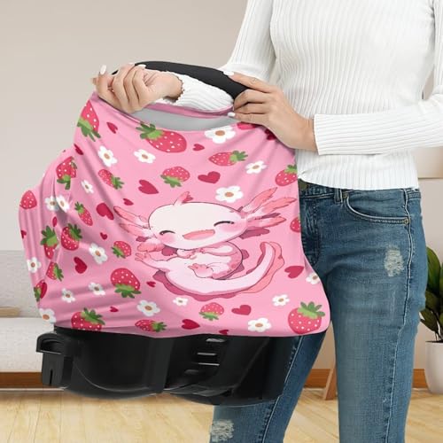 Image of Axolotl Car Seat Covers Canopy Cover - Multi-use Cover Pink Strawberry Carseat Canopy, Breathable Breastfeeding Cover, Reusable Car Seat Covers for Bbies