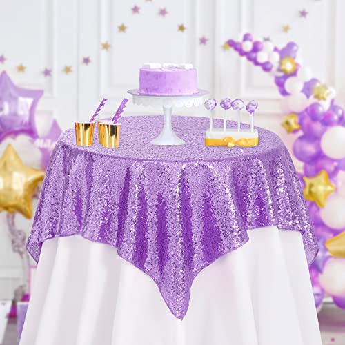 Image of B-COOL Sequin Tablecloth Party Decoration: Romantic Sparkly Party Tablecloth Glitter Table Overlays for Wedding Sequin Overlay for Ceremony Lavender 50x50inch Square