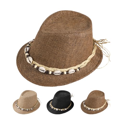 ITODA Strohhut Sommer Fedora mit Muschel Strohmütze Geflecht Trilby Hut Damen Herren Sommerhut UV Schutz Sonnenmütze Einstellbar Melonenhut Boho Mode Fascinator Sommermütze Strand Outdoor Reise Braun