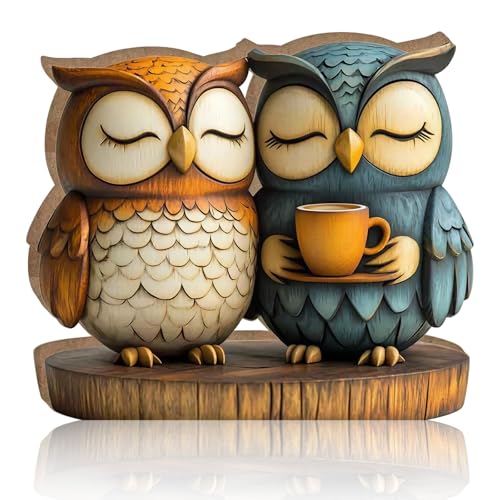 Komergave Eule Deko Holz 2D Holzfiguren Tiere Natürliche Holzskulptur Tierornament für Schreibtisch Dekoration Holzskulpturen Schnitzerei Drückfiguren Eule Geschenk für Tierliebhaber